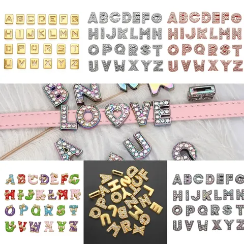8mm Alloy Frosted English Alphabet Slider Beads Set Rhinestone Inlaid Letter Charms For DIY Bracelet Wristband Keychain Jewelry Making 26pcs