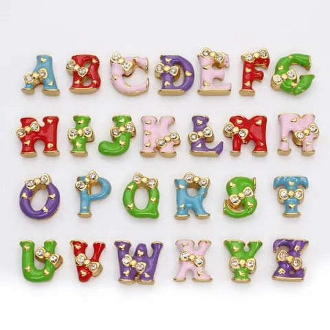Bow Rhinestone Alloy Slide Charms Enamel English Letters Beads For DIY Bracelet Jewelry Making Heart Pattern Alphabet Charms