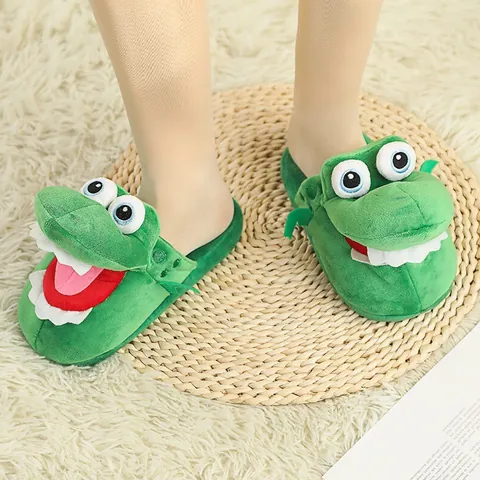 Chaussons en Peluche Crocodile à Bouche Mobile Drôle Liaison Airbag Maison Fuzzy Chaud Antidérapant Chaussures de Sol Intérieur pour Femmes Hommes Enfants
