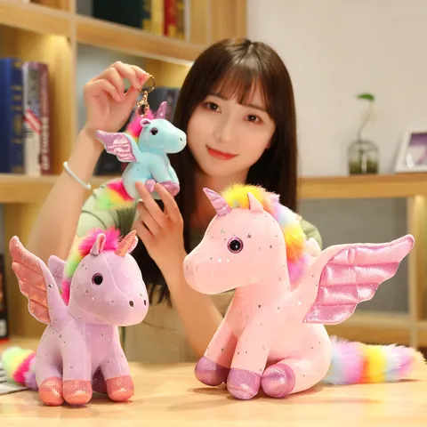 Giocattolo di Peluche Unicorno Angelo Con Motivo Stella in Argento Criniera Arcobaleno Ali Bambola Imbottita Regalo di Compleanno Bambini