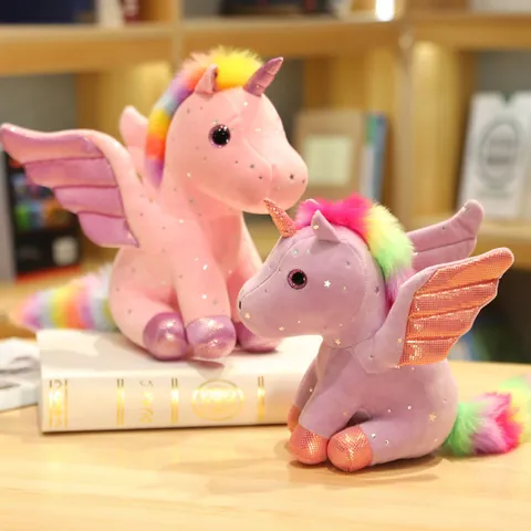 Giocattolo di Peluche Unicorno Angelo Con Motivo Stella in Argento Criniera Arcobaleno Ali Bambola Imbottita Regalo di Compleanno Bambini
