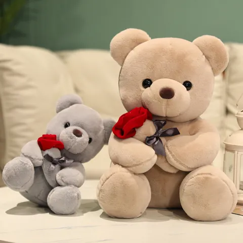 Soft Teddy Bear Plush Holding Red Rose With Ribbon Bow Valentine's Day Gift For Kids Room Decoration Stuffed Animal Toy