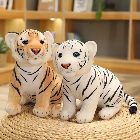 Niedlicher Realistischer Tiger Plüschtier Weiche Tierpuppe Maskottchen Für Neujahr Geburtstagsgeschenk Braun Weiß
