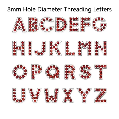Red Rhinestone Alphabet Slider Beads Alloy Silver Tone Letter Charms For DIY Pet Collar Wristband Keychain Jewelry Making