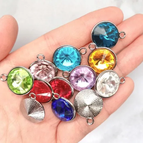 Alloy Rhinestone Birthstone Charms DIY Jewelry Pendants Round Crystal Birthday Stone Pendants For Necklace Bracelet Making Handicraft Accessories
