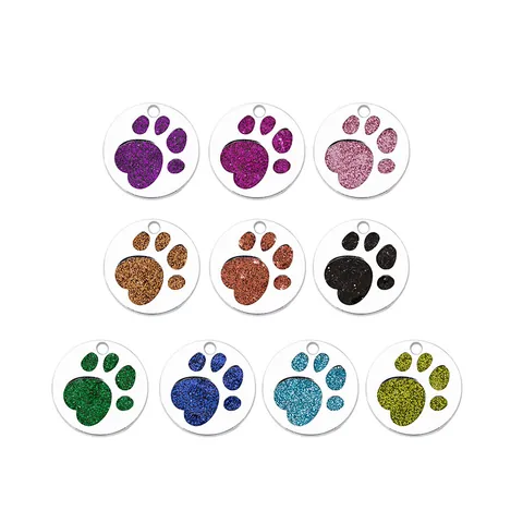 Glitter Paw Print Pet ID Tag Round Alloy Dog Cat Name Address Label Anti-Lost Writable Identity Pendant For Pet Collar Accessories