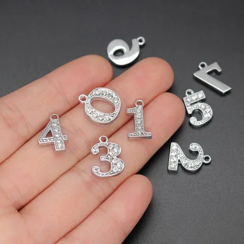 Alloy Rhinestone Number Pendant For DIY Jewelry Making Keychain Clothes Backpack Charms Sparkling Silver Color Number Charms