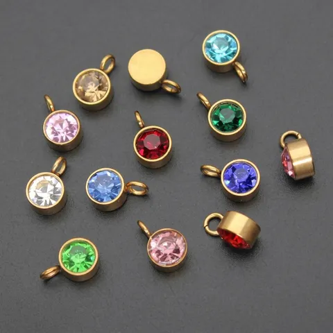 Stainless Steel Birthstone Charm Small Round Pendant Gold Plated Rhinestone DIY Bracelet Necklace Charm Lucky Stone Jewelry Finding Accessory