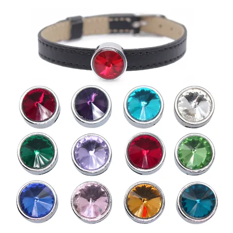 Round Birthstone Slide Charms Alloy Rhinestone Crystal Glass Beads For DIY Bracelet Wristband Making Jewelry Accessory Supplies