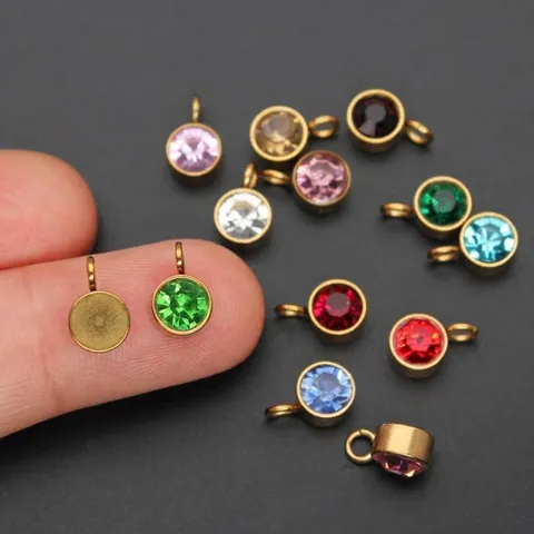 Stainless Steel Birthstone Charm Small Round Pendant Gold Plated Rhinestone DIY Bracelet Necklace Charm Lucky Stone Jewelry Finding Accessory