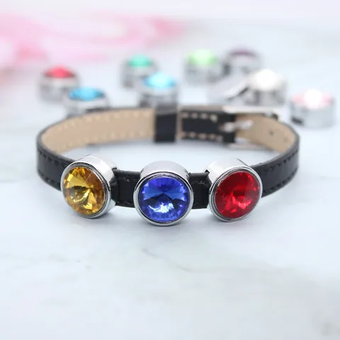 Round Birthstone Slide Charms Alloy Rhinestone Crystal Glass Beads For DIY Bracelet Wristband Making Jewelry Accessory Supplies