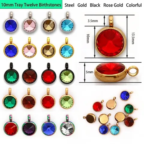 Stainless Steel Birthstone Rhinestone Small Pendant Charms Base Tray Round Geometric Minimalist Handmade Craft DIY Jewelry Making Findings Accessories