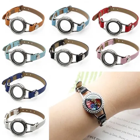 Stainless Steel Floating Locket Bracelet With PU Leather Strap Round Glass Photo Box Frame Locket Jewelry For Women Men Gift
