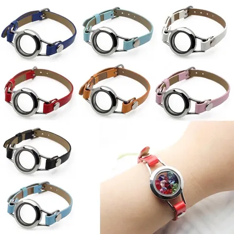 Stainless Steel Floating Locket Bracelet With PU Leather Strap Round Glass Photo Box Frame Locket Jewelry For Women Men Gift