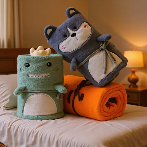 Soft Flannel Roll Up Blanket For Kids Portable Coral Fleece Nap Blanket Cute Animal Plush Cover For Office Travel Home