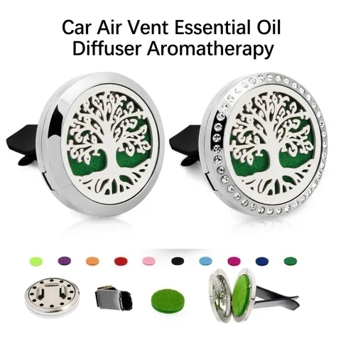 Difusor de Aromaterapia para Coche de Acero Inoxidable con Árbol de la Vida Clip de Ventilación Medallón de Diamantes de Imitación para Aceites Esenciales