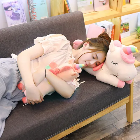 Lying Rainbow Angel Unicorn Plush Toy Soft Stuffed Animal Pony Throw Pillow Electric Massage Doll For Kids Girly Heart Decor