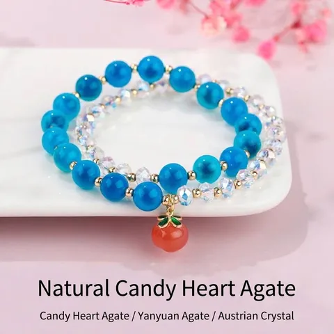 Blue Agate Double Layer Bracelet With Red Peach Heart Pendant Austrian Crystal Beaded Jewelry For Women Retro Elegant Gift