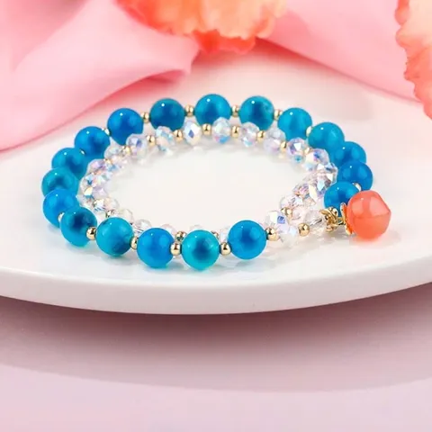 Blue Agate Double Layer Bracelet With Red Peach Heart Pendant Austrian Crystal Beaded Jewelry For Women Retro Elegant Gift