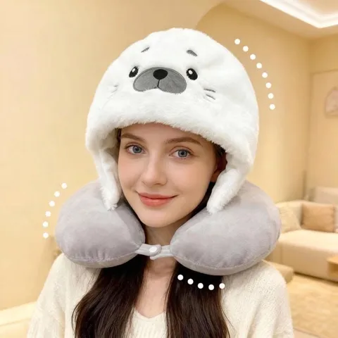Cartoon Seal Hooded U-Shaped Travel Neck Pillow For Airplane Train Office Nap Soft Plush Animal Neck Support Pillow And Round Seat Cushion