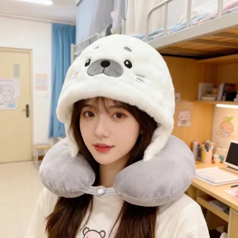 Cartoon Seal Hooded U-Shaped Travel Neck Pillow For Airplane Train Office Nap Soft Plush Animal Neck Support Pillow And Round Seat Cushion