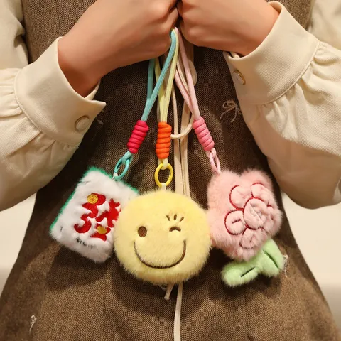 Cute Plush Bag Charm Keychain With Fragrance Beads Mahjong Rich Smile Face Flower Ornament Soft Polyester Toy Gift For Women Girls