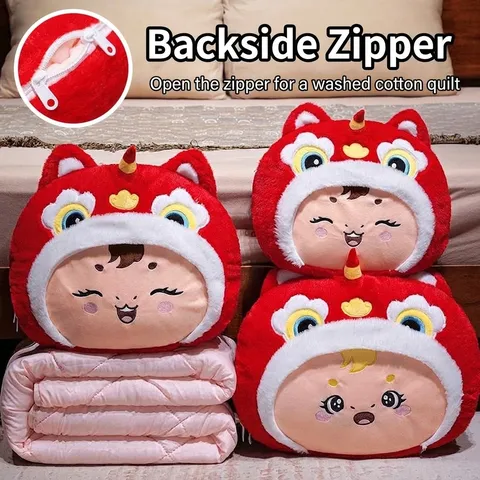 Linda Mascota de León de Dibujos Animados Dos en Uno Almohada Manta Peluche Cojín Edredón Para Oficina Hogar Sofá Viaje Portátil