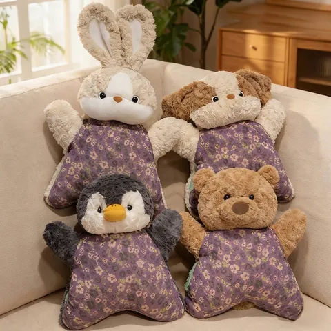 Cute Animal Plush Hand Warmer Pillow Soft Cartoon Rabbit Bear Penguin Dog Floral Dress Cushion Stress Relief Gift For Women
