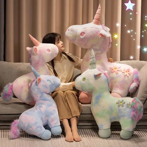 Dreamy Rainbow Tie-Dye Unicorn Plush Toy Soft Standing Pegasus Stuffed Animal Doll For Girls Kids Birthday Gift Home Decor Hugging Pillow