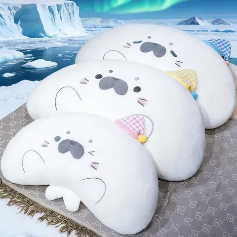 Cartoon Seal Curved Plush Pillow For Bed Headboard Sofa Waist Support Soft Sea Lion Stuffed Animal Lumbar Pillow Removable Washable Bedding Cushion