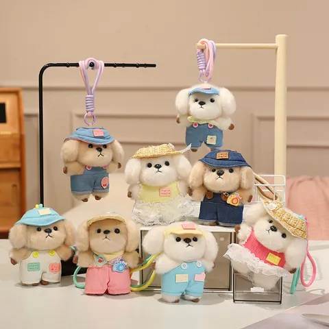 Cute Plush Dog Keychain Backpack Pendant Soft Stuffed Puppy Doll With Straw Hat Clothing For Women Girls Schoolbag Decor Gift