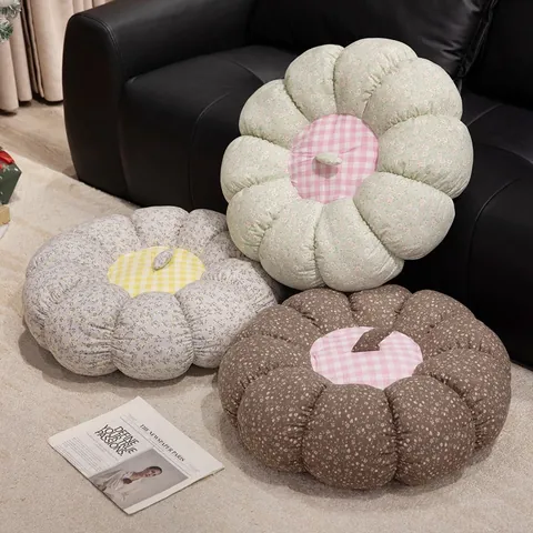 Cojín de Suelo con Forma de Calabaza Estilo Nórdico Almohada de Futón con Estampado Floral de Peluche Corto Suave Relleno Tatami para Decoración de Sala de Estar