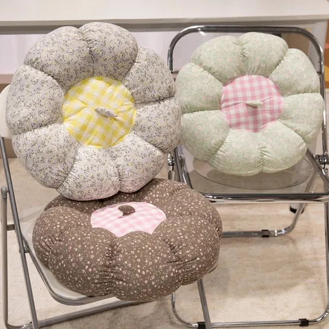 Cojín de Suelo con Forma de Calabaza Estilo Nórdico Almohada de Futón con Estampado Floral de Peluche Corto Suave Relleno Tatami para Decoración de Sala de Estar