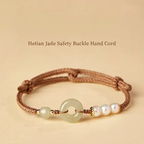 Handgeflochtenes Armband Mit Hetian Jade Sicherheitsknopf Und Künstlicher Perle Ethno-Stil Glücksbringer Seil Armband Retro Schmuck Damen Herren