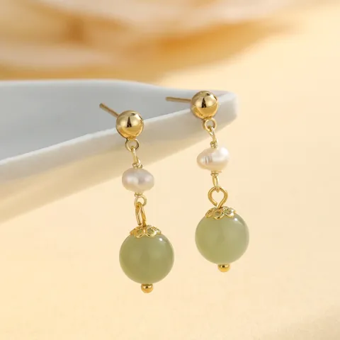 Retro Natural He Tian Jade Drop Earrings For Women Elegant Gold Plated Freshwater Pearl Long Tassel Clip-on Earrings Chinese Style Jewelry