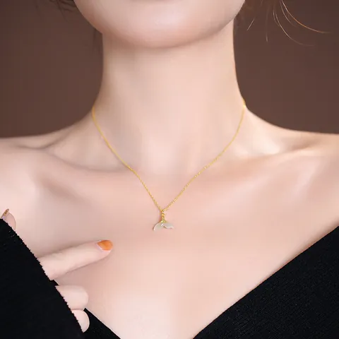 925 Sterling Silver Fish Tail Pendant Necklace Gold Plated Nephrite Jade Chinese Style Lightweight Luxury Jewelry For Women