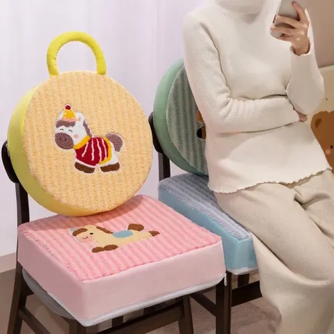 Cute Lamb Wool Sponge Seat Cushion Thickened Dining Chair Pad With Handle Cartoon Pony Embroidery For Office Kids Home Decor