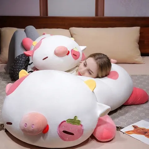 Strawberry Cow Plush Toy Soft Stuffed Animal Large Sleeping Pillow Pink White Cow Doll With Embroidery Birthday Gift For Kids Adults Home Decor