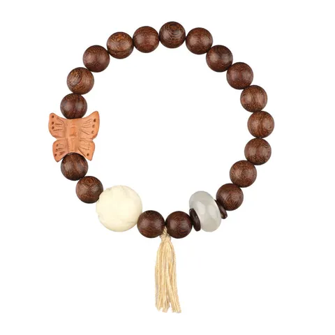 Handmade Sandalwood Beaded Bracelet Women Zen Style Wooden Butterfly Lotus Charm Buddhist Prayer Bead Wristband Vintage Gift