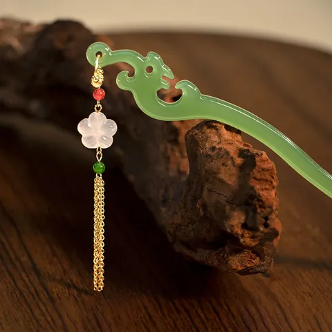 Bacchetta per Capelli in Stile Antico Cinese in Acrilico Effetto Giada Smeraldo Con Nappina Pendente in Perla Artificiale Strass Accessori Capelli Donna