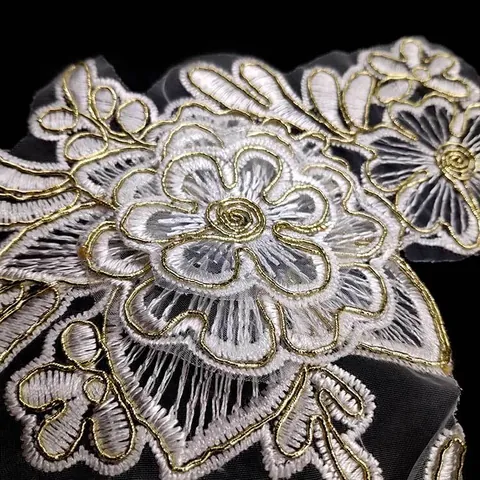 Pair Corded Flower Embroidery Patches White Gold Lace Applique For Wedding Dress DIY Craft Sewing Organza Floral Trim
