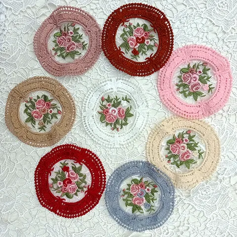 Vintage European Round Lace Floral Embroidery Coaster Polyester Heat Insulated Placemat For Dining Table Decorative Cup Mat