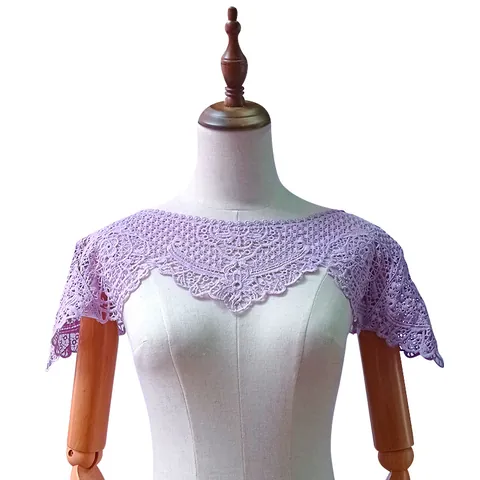 Women Embroidered Lace Hanfu Cloud Shoulder Shawl Short Hollow Out Shrug With Sleeves Vintage Chiffon Fake Collar Top