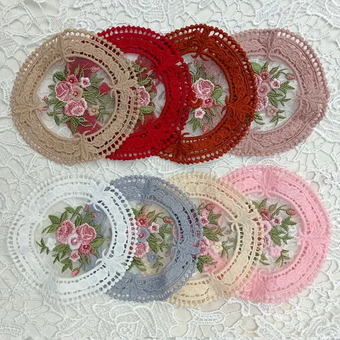 Vintage European Round Lace Floral Embroidery Coaster Polyester Heat Insulated Placemat For Dining Table Decorative Cup Mat
