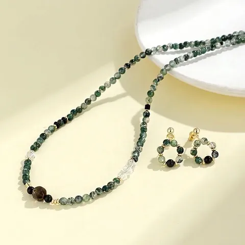 Natuurlijke Mosagaat Ketting Oorbellen Set Chinese Stijl Retro Groene Stenen Kralen Trui Ketting Sieraden Voor Vrouwen Elegant Cadeau