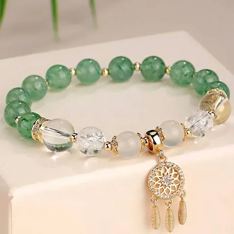 Neuer Chinesischer Stil Natur Weißer Kristall Achat Quasten Armband Damen Traumfänger Feder Strass Anhänger Perlenarmband Schmuck