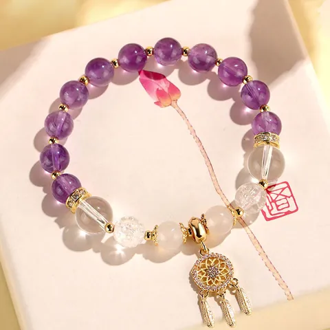 Neuer Chinesischer Stil Natur Weißer Kristall Achat Quasten Armband Damen Traumfänger Feder Strass Anhänger Perlenarmband Schmuck