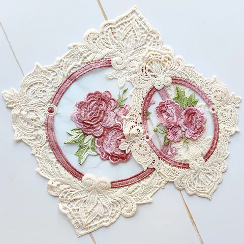 French Vintage Embroidered Floral Lace Coaster Polyester Hollow Out Table Mat For Home Photography Props Decor Accessory