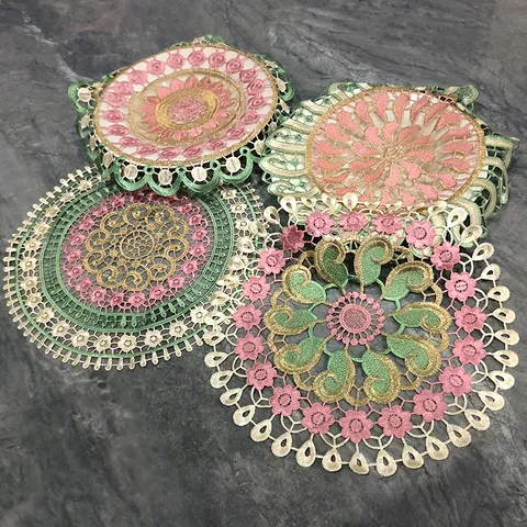 Round Placemat Colorful Hollow Lace Coaster Embroidered 3D Floral Table Mat Decorative Tableware Dining Room Decoration Pad