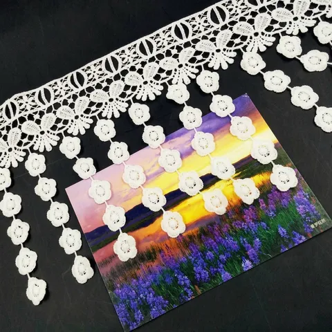 White Polyester Water Soluble Lace Trim Floral Embroidery Tassel Fringe Ribbon For DIY Clothing Wedding Garment Decoration